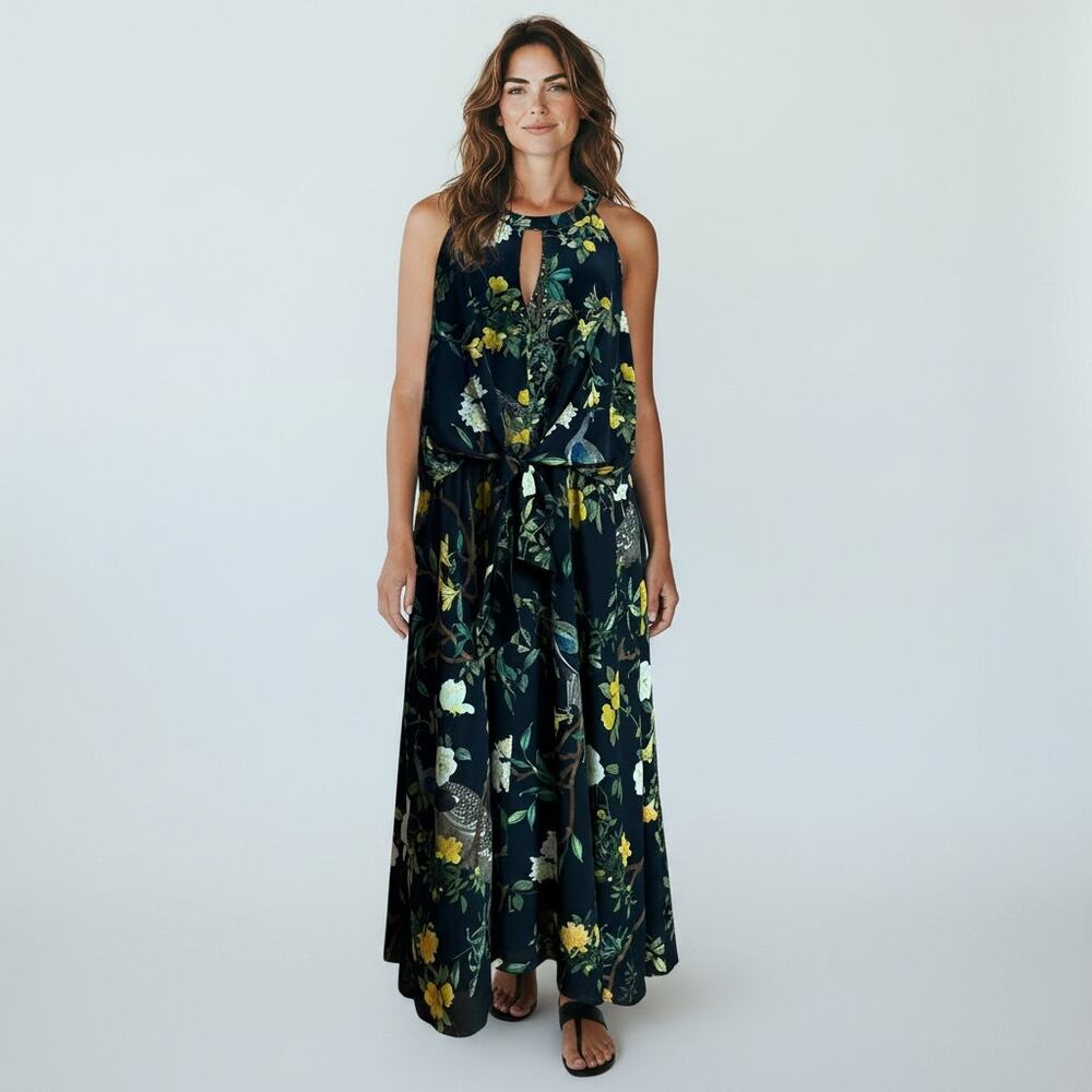 Kobi Halperin 100% Silk Botanical Bird Print Sleeveless Tie Waist Midi Dress XXL